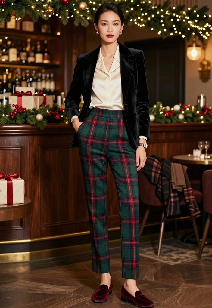 20 Festive Plaid Outfits That Are Anything but Your Average Christmas Look (You’ll Want to Copy #12!) - 11. The Velvet and Plaid Party Combination 1
