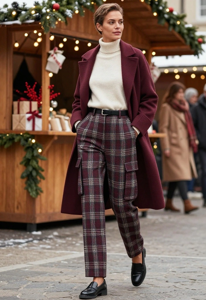 20 Festive Plaid Outfits That Are Anything but Your Average Christmas Look (You’ll Want to Copy #12!) - 13. Plaid Cargo Pants with a Polished Knit 1