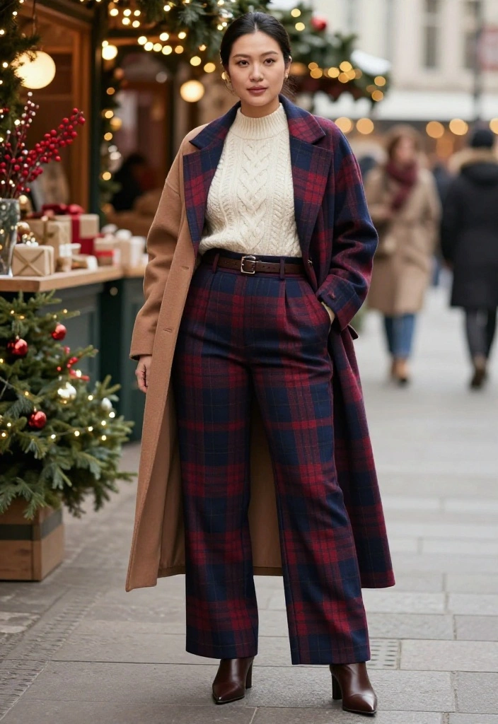 20 Festive Plaid Outfits That Are Anything but Your Average Christmas Look (You’ll Want to Copy #12!) - 2. Plaid Wide-Leg Trousers with a Cream Sweater 1