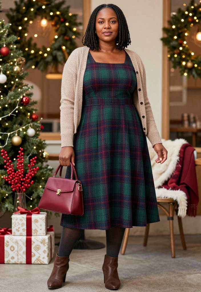 20 Festive Plaid Outfits That Are Anything but Your Average Christmas Look (You’ll Want to Copy #12!) - 5. The Plaid Midi Skirt with a Soft Cardigan 1