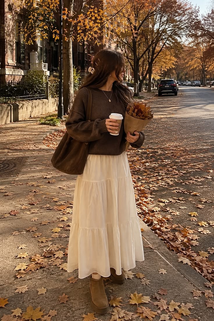 20 Maxi Skirt Outfits That Make Winter Style Feel Effortlessly Feminine (You’ll Want to Copy #7!) - 3. Cream Skirt, Chocolate Sweater, Golden Leaves 1