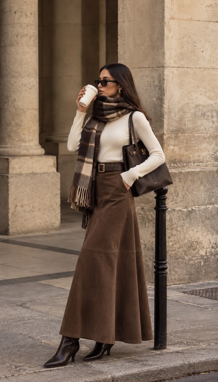 20 Maxi Skirt Outfits That Make Winter Style Feel Effortlessly Feminine (You’ll Want to Copy #7!) - 4. The Suede Skirt City Uniform 1