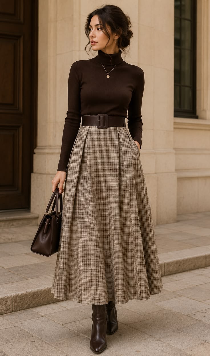 20 Maxi Skirt Outfits That Make Winter Style Feel Effortlessly Feminine (You’ll Want to Copy #7!) - 5. Houndstooth With a Dark Chocolate Base 1