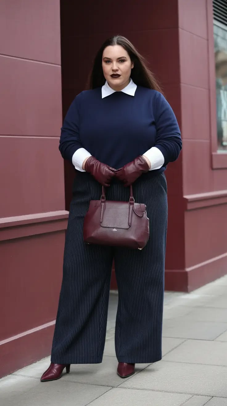 20 Plus-Size Winter Work Outfits That Look Professional and Stylish (You’ll Want to Copy #7!) - 10. Navy Pinstripes with Burgundy Accessories 1
