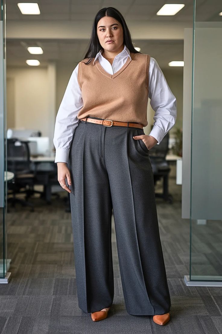 20 Plus-Size Winter Work Outfits That Look Professional and Stylish (You’ll Want to Copy #7!) - 11. Camel Sweater Vest and Tailored Gray Pants 1