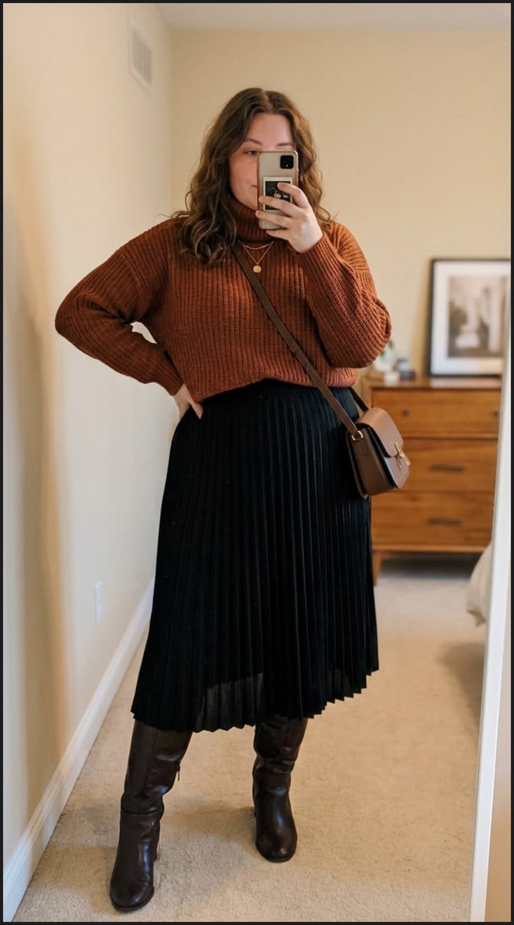 20 Plus-Size Winter Work Outfits That Look Professional and Stylish (You’ll Want to Copy #7!) - 12. Rust Turtleneck and Black Pleated Midi 1