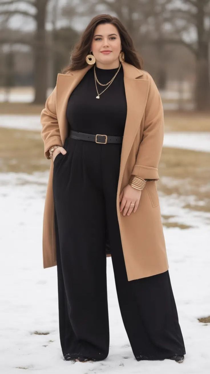 20 Plus-Size Winter Work Outfits That Look Professional and Stylish (You’ll Want to Copy #7!) - 15. Black Jumpsuit and Camel Coat for Snowy Days 1