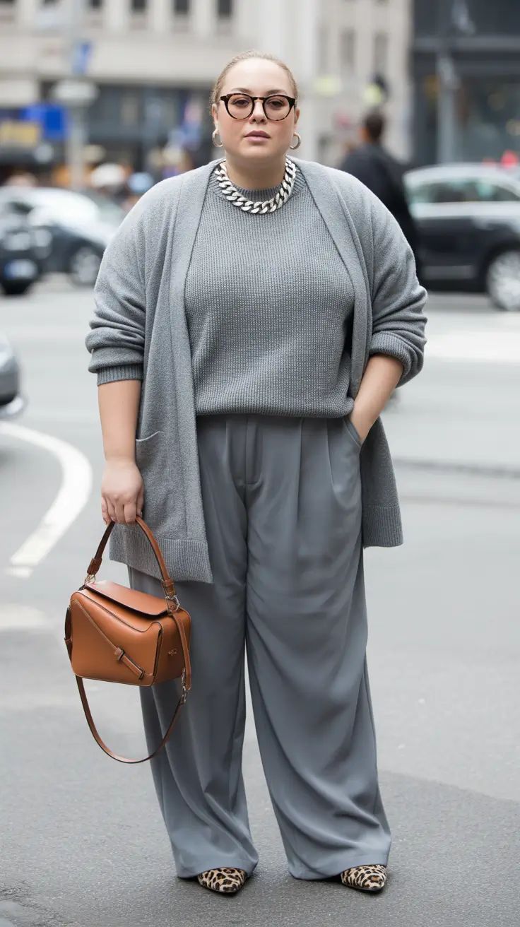 20 Plus-Size Winter Work Outfits That Look Professional and Stylish (You’ll Want to Copy #7!) - 16. Soft Gray Layers with Leopard Flats 1