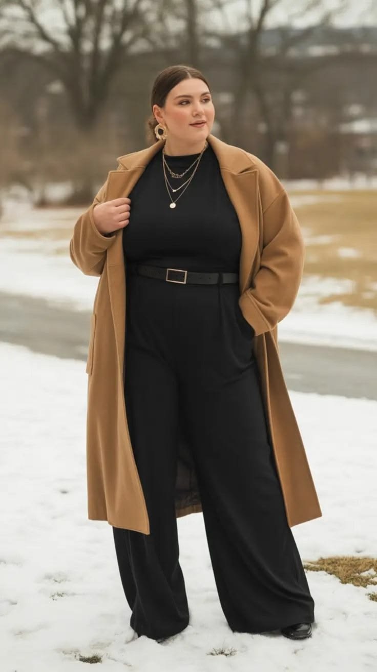 20 Plus-Size Winter Work Outfits That Look Professional and Stylish (You’ll Want to Copy #7!) - 18. The Camel Coat and Belted Black Jumpsuit 1