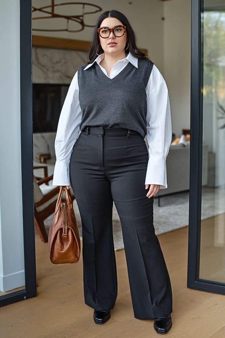 20 Plus-Size Winter Work Outfits That Look Professional and Stylish (You’ll Want to Copy #7!) - 4. The Sweater Vest and Crisp White Shirt Formula 1