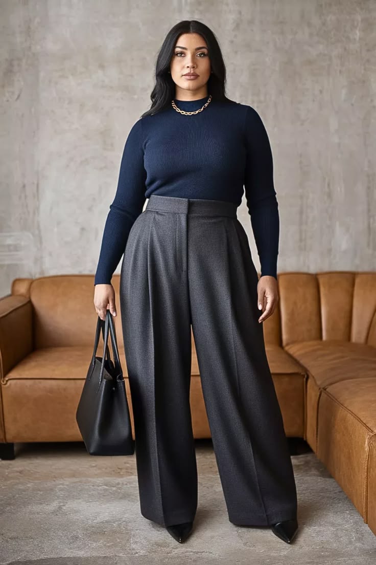 20 Plus-Size Winter Work Outfits That Look Professional and Stylish (You’ll Want to Copy #7!) - 5. Navy Knit with Wide Gray Trousers 1