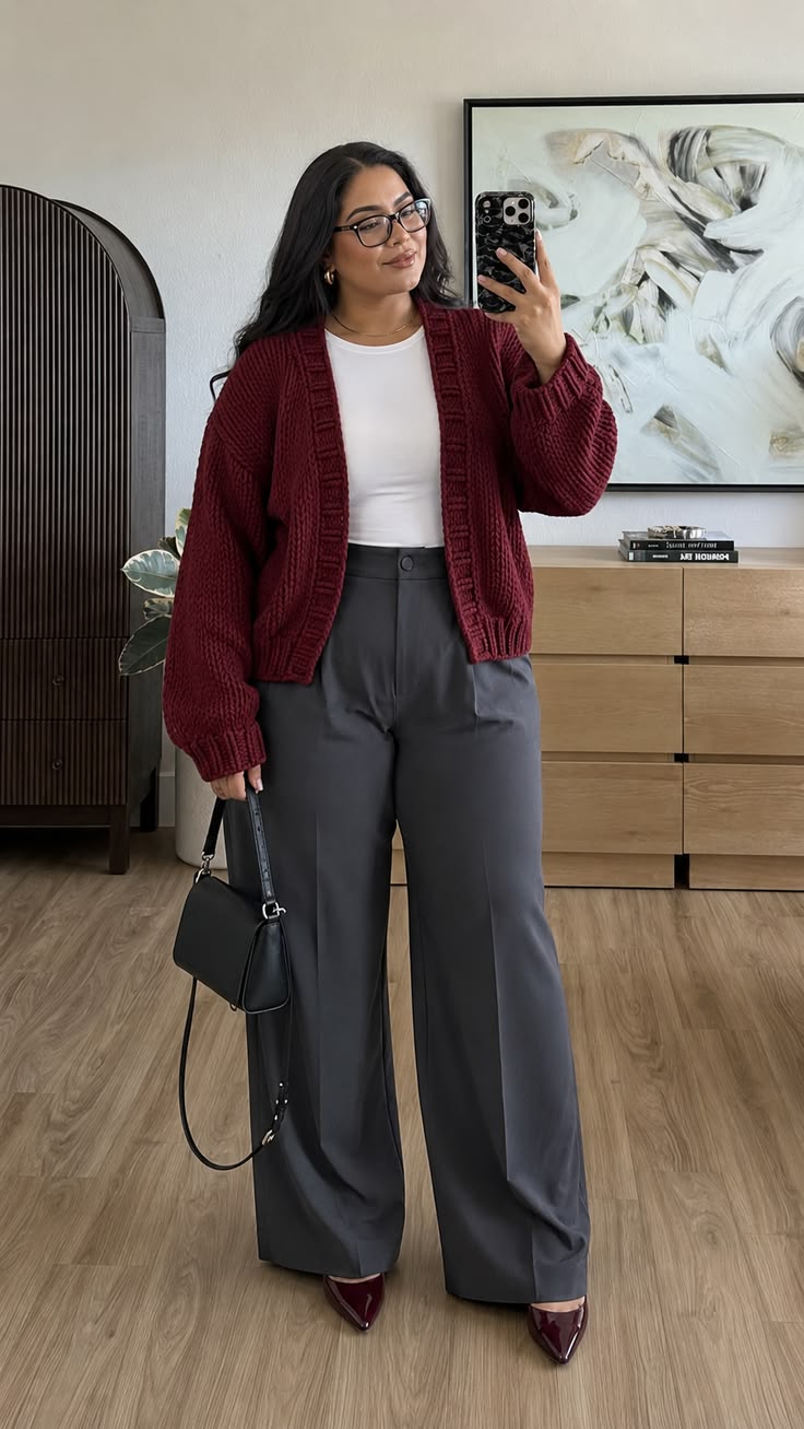 20 Plus-Size Winter Work Outfits That Look Professional and Stylish (You’ll Want to Copy #7!) - 6. Burgundy Cardigan with Soft Gray Trousers 1