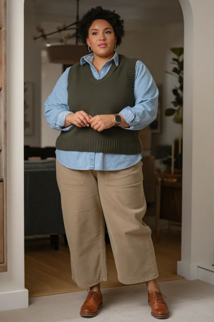 20 Plus-Size Winter Work Outfits That Look Professional and Stylish (You’ll Want to Copy #7!) - 7. The Olive Sweater Vest Outfit You’ll Want to Copy 1