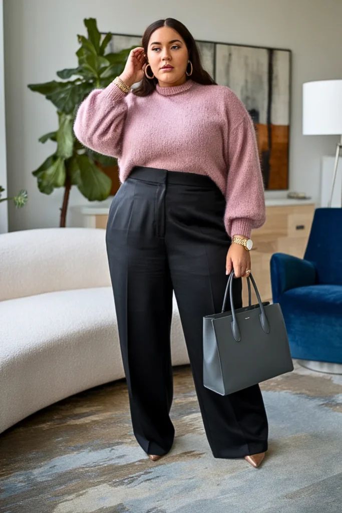 20 Plus-Size Winter Work Outfits That Look Professional and Stylish (You’ll Want to Copy #7!) - 8. Pink Knit and Black Faux-Leather Trousers 1