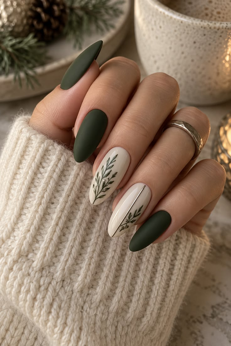 20 Stunning Winter Nail Designs That’ll Make Your Hands the Star of Every Holiday Party - 14. Evergreen and Cream Botanical Nails 1