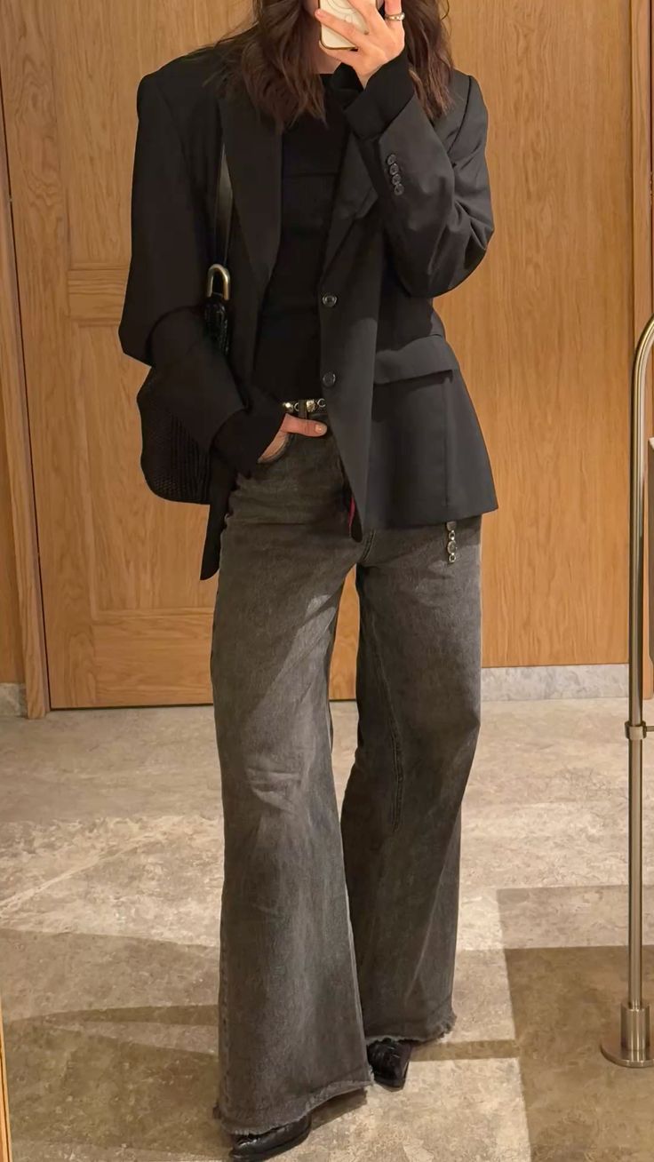 20 Stylish Black Blazer Outfits To Wear Anywhere & Everywhere - 10. Charcoal Denim for a Softer Monochrome 1