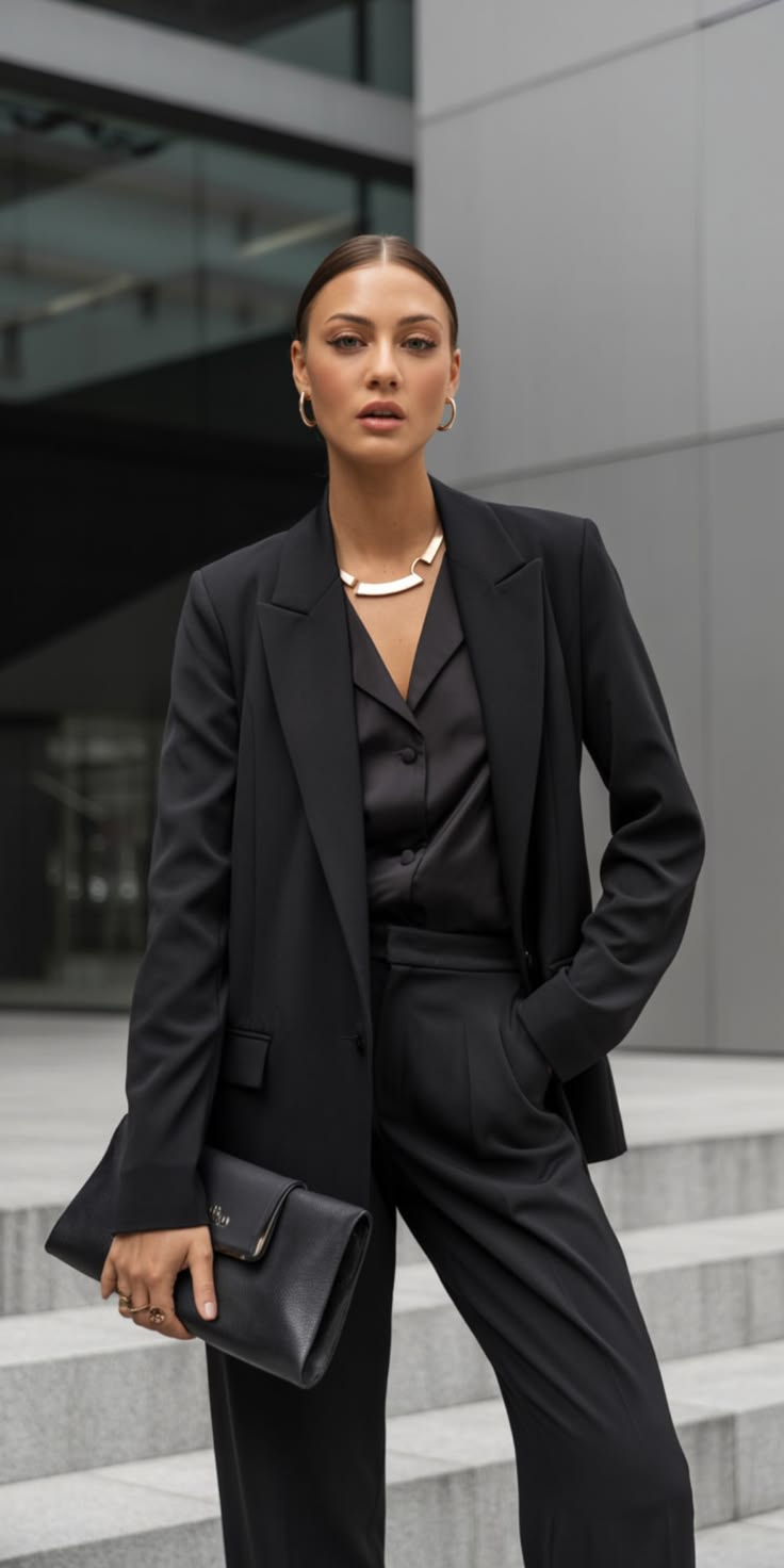 20 Stylish Black Blazer Outfits To Wear Anywhere & Everywhere - 12. Satin Shirt, Tailored Trousers, and a Clutch 1