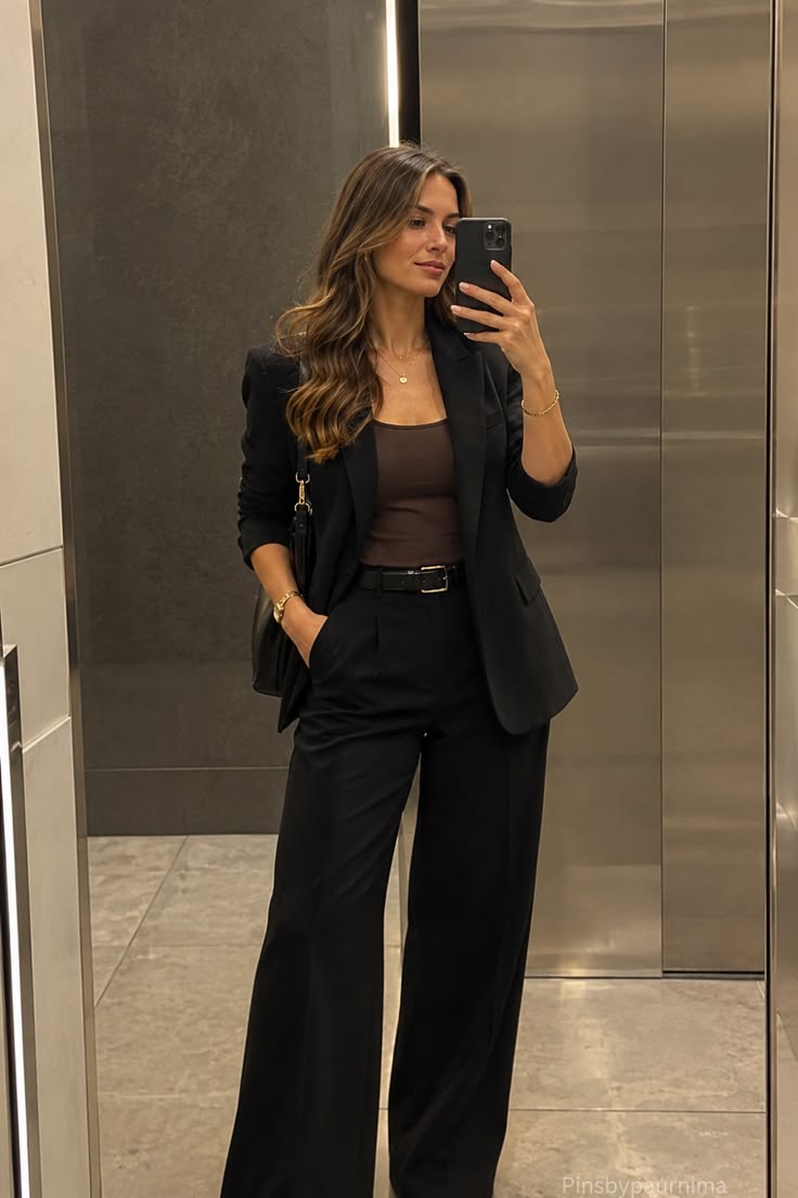 20 Stylish Black Blazer Outfits To Wear Anywhere & Everywhere - 14. A Warm Brown Camisole Under Black Tailoring 1