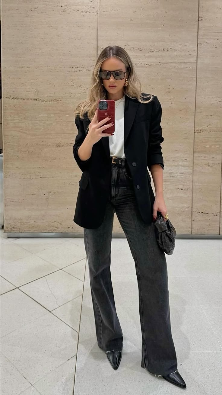 20 Stylish Black Blazer Outfits To Wear Anywhere & Everywhere - 16. White Tee, Black Jeans, and a Strong Jacket 1