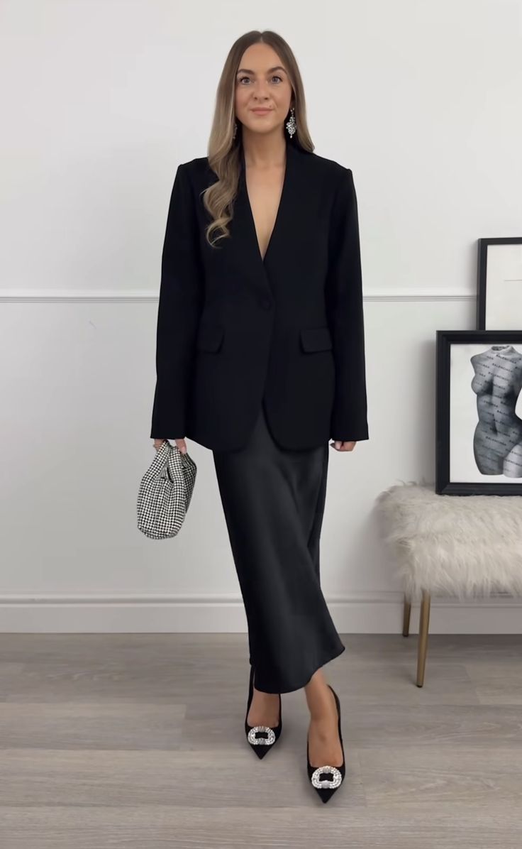 20 Stylish Black Blazer Outfits To Wear Anywhere & Everywhere - 19. Blazer over a Satin Midi Skirt 1