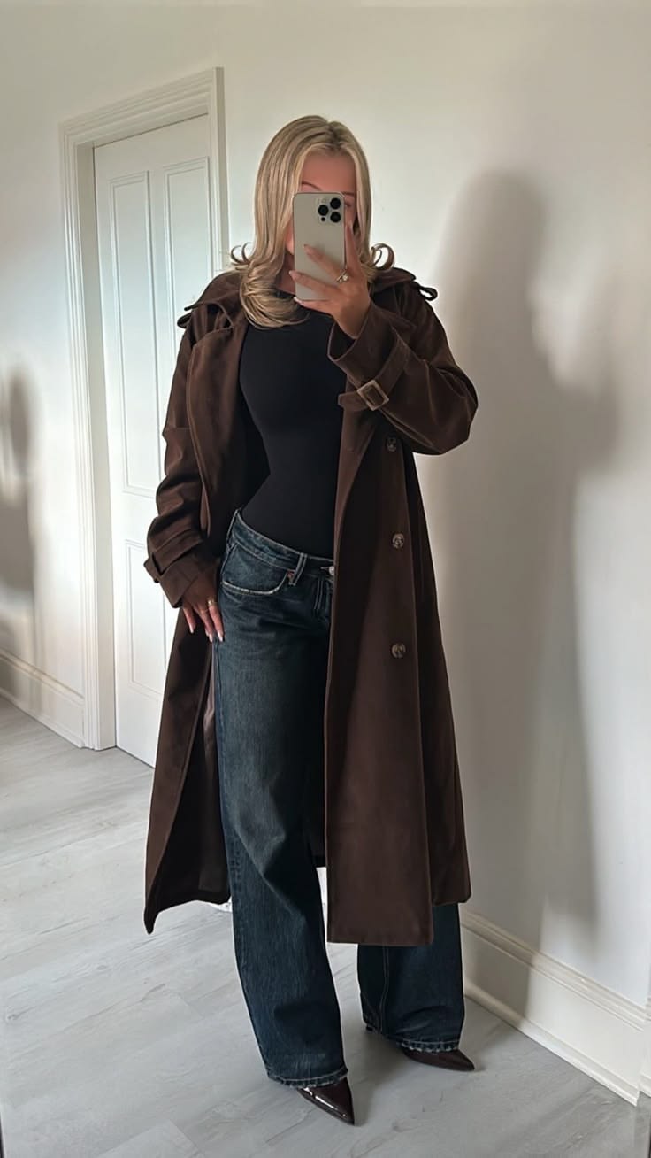 20 Trench Coat Outfits That Make Transitional Dressing Look Effortlessly Chic - 19. Dark Brown Trench With a Black Bodysuit 1