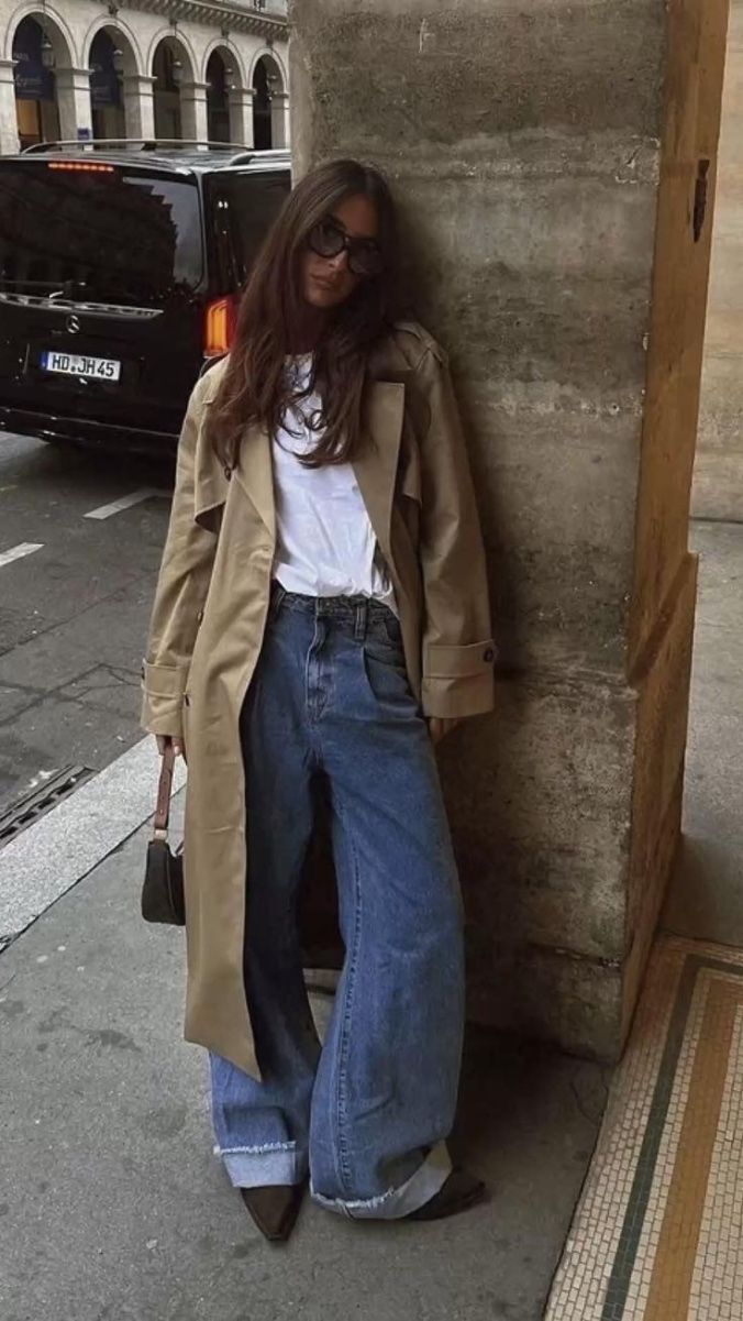 20 Trench Coat Outfits That Make Transitional Dressing Look Effortlessly Chic - 3. The White Tee and Extra-Wide Denim Uniform 1