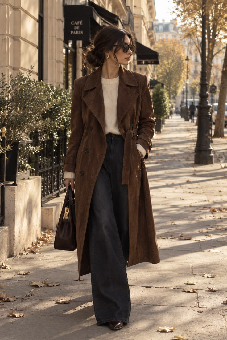 20 Trench Coat Outfits That Make Transitional Dressing Look Effortlessly Chic - 4. Chocolate Brown for Soft Fall Fashion 1