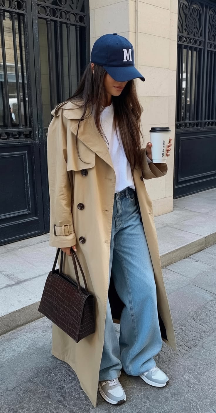 20 Trench Coat Outfits That Make Transitional Dressing Look Effortlessly Chic - 8. Baseball Cap, Sneakers, and Wide Denim 1