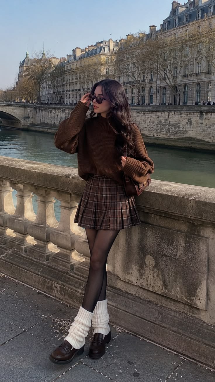 20 Tweed Outfits That Are Feminine, Fashionable, and Perfect for Fall - 11. Chocolate Knit and a Plaid Mini by the River 1