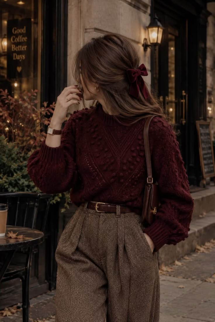 20 Tweed Outfits That Are Feminine, Fashionable, and Perfect for Fall - 15. Burgundy Knit with Pleated Fall Tailoring 1