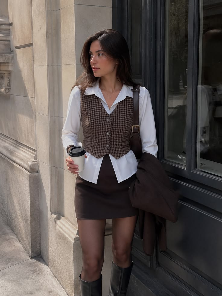 20 Tweed Outfits That Are Feminine, Fashionable, and Perfect for Fall - 18. Houndstooth Vest with White Shirt and Brown Skirt 1