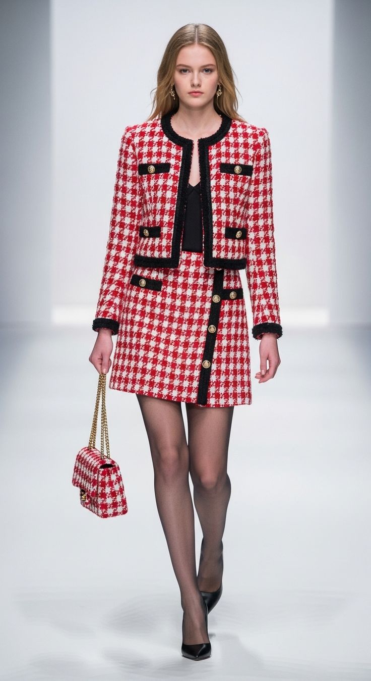 20 Tweed Outfits That Are Feminine, Fashionable, and Perfect for Fall - 6. Red-and-White Tweed for a Bright Fall Statement 1