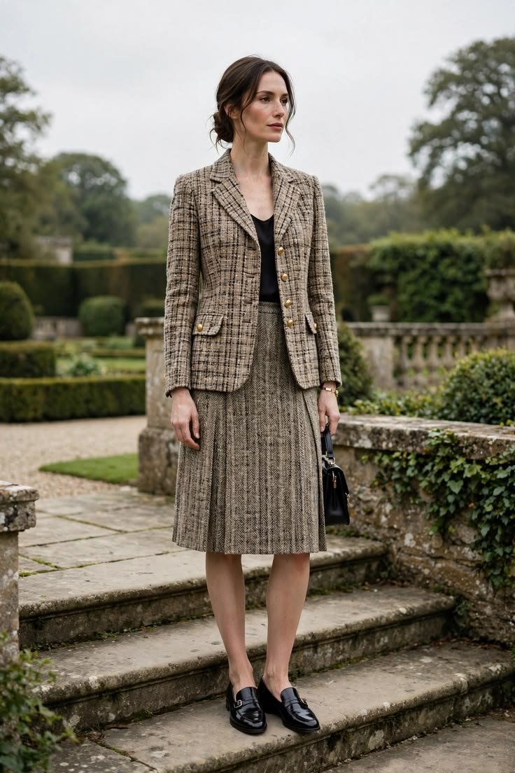 20 Tweed Outfits That Are Feminine, Fashionable, and Perfect for Fall - 9. Country-Club Classic with a Midi Tweed Skirt 1