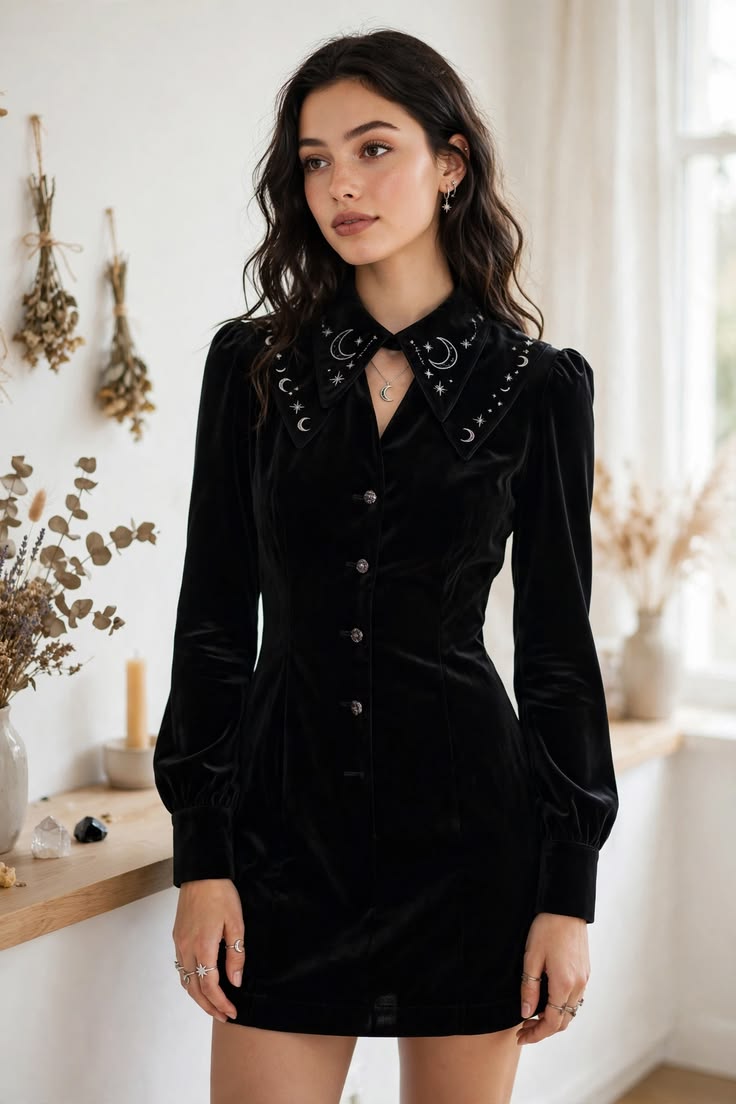 20 Velvet Mini-Dress Outfits That Serve Pure Christmas Party Glamour - 14. Celestial Collar on a Button-Front Black Velvet Mini 1