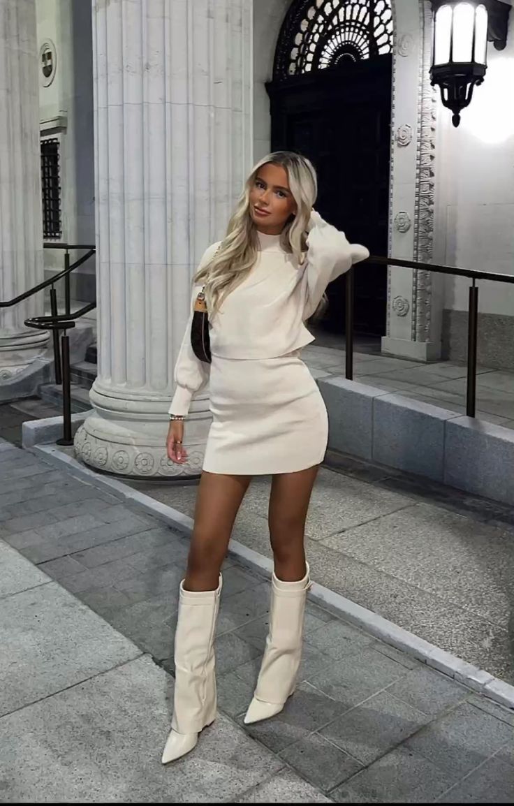 20 White Boots Outfits Fashion Girls Are Obsessed With This Winter - 12. A Cream Sweater Dress with Lace-Up Boots 1