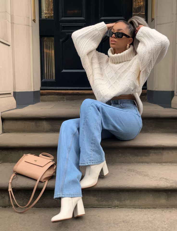 20 White Boots Outfits Fashion Girls Are Obsessed With This Winter - 14. Gray Knitwear and a Pleated White Mini 1