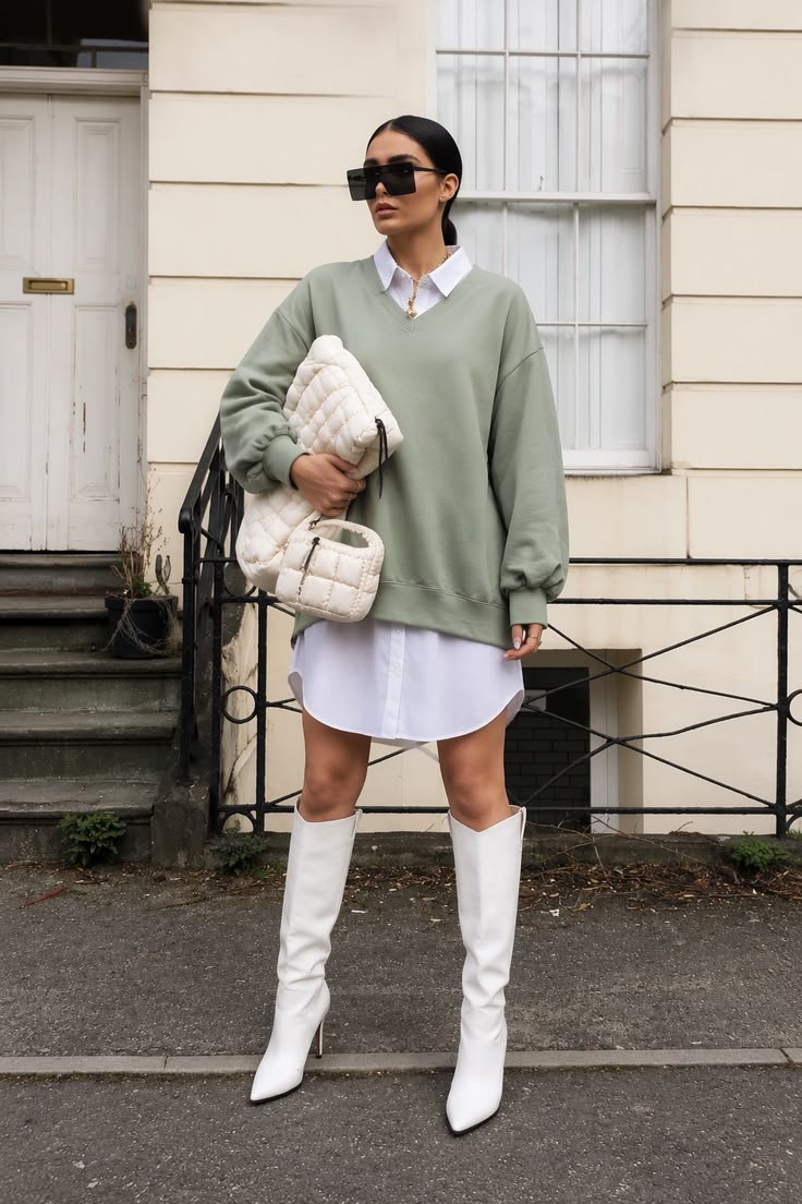 20 White Boots Outfits Fashion Girls Are Obsessed With This Winter - 2. Sage Green Meets Clean White 1