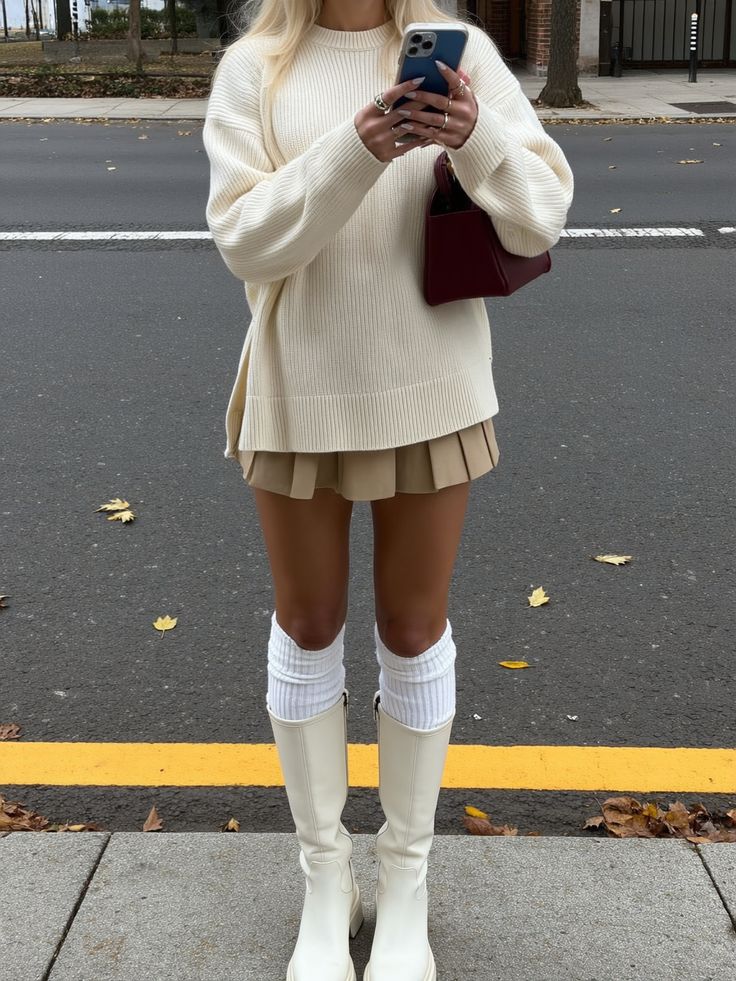 20 White Boots Outfits Fashion Girls Are Obsessed With This Winter - 5. Soft Knit, Pleated Skirt, and Tall Boots 1