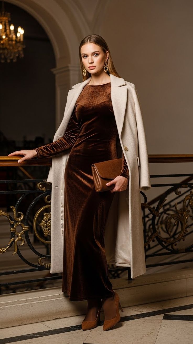 20 Winter Wedding Guest Dresses That Prove Cold Weather Style Can Be Absolutely Stunning! - 16. Velvet Brown with a Cream Tailored Coat 1