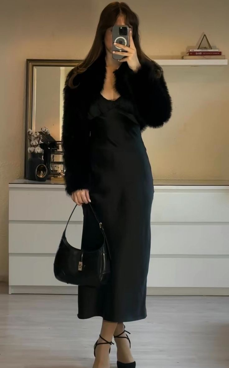 20 Winter Wedding Guest Dresses That Prove Cold Weather Style Can Be Absolutely Stunning! - 17. The Black Satin Slip Dress with a Fuzzy Cropped Jacket 1