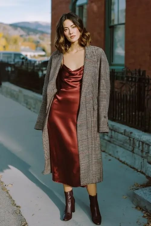 20 Winter Wedding Guest Dresses That Prove Cold Weather Style Can Be Absolutely Stunning! - 18. Red Satin and Houndstooth Tailoring 1