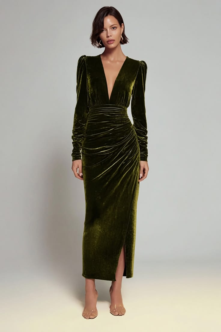 20 Winter Wedding Guest Dresses That Prove Cold Weather Style Can Be Absolutely Stunning! - 6. Olive Velvet with a Sculpted Waist 1