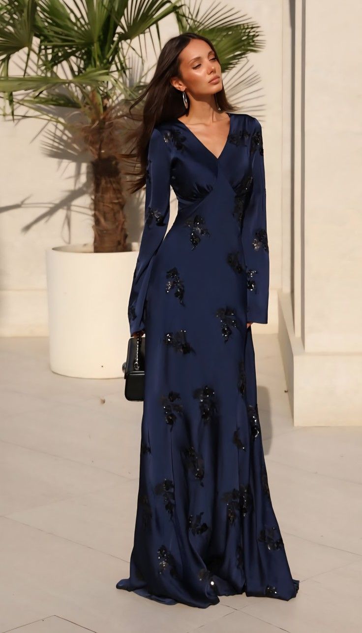20 Winter Wedding Guest Dresses That Prove Cold Weather Style Can Be Absolutely Stunning! - 9. Midnight Blue with Beaded Floral Sparkle 1