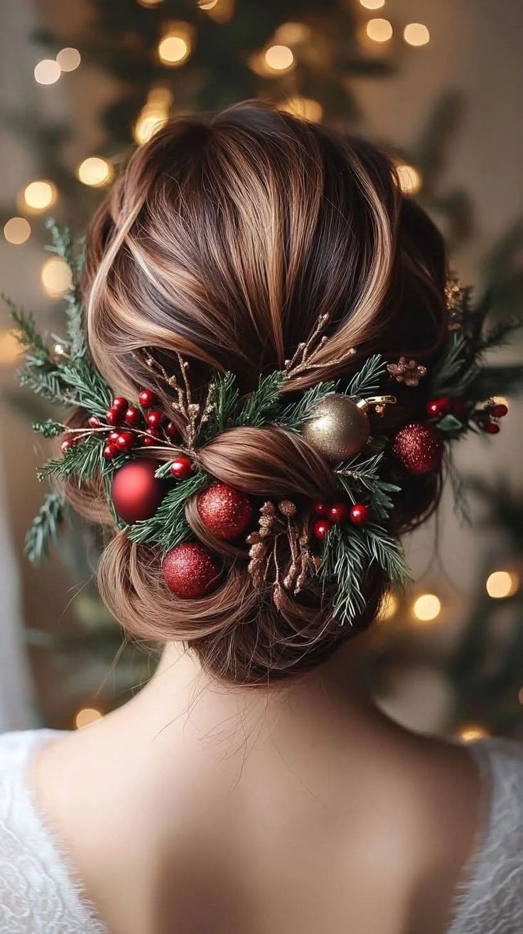 Christmas Hairstyles: 20 Easy Festive Updos and Waves - 13. Evergreen Ornament Low Bun 1