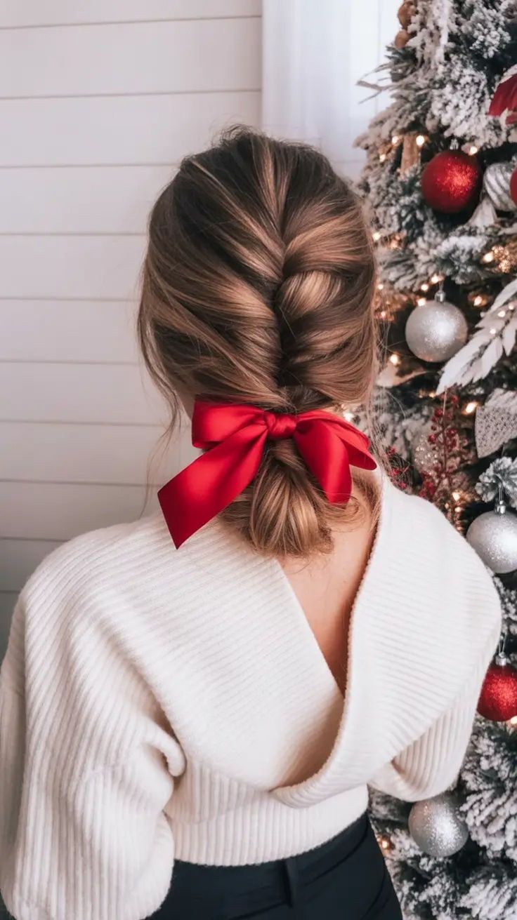 Christmas Hairstyles: 20 Easy Festive Updos and Waves - 16. Satin Bow Twist Pony 1