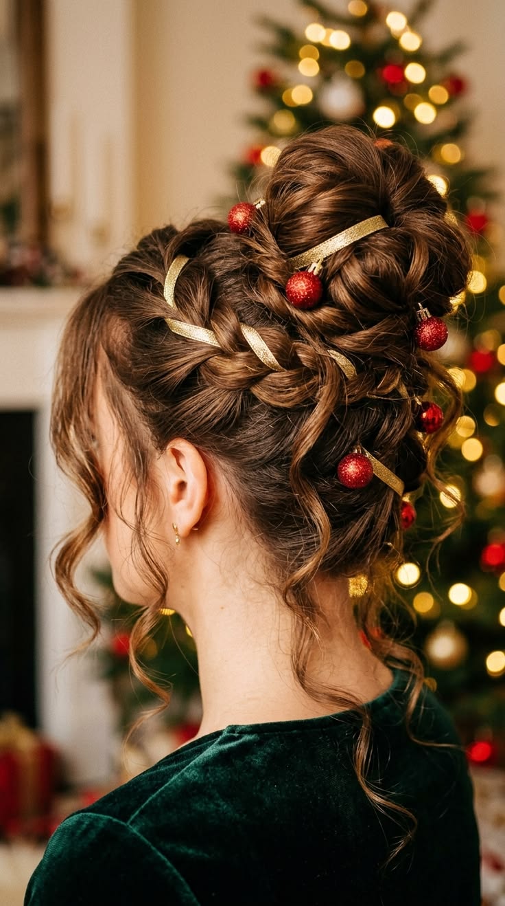 Christmas Hairstyles: 20 Easy Festive Updos and Waves - 6. Golden Ornament Braided Bun 1
