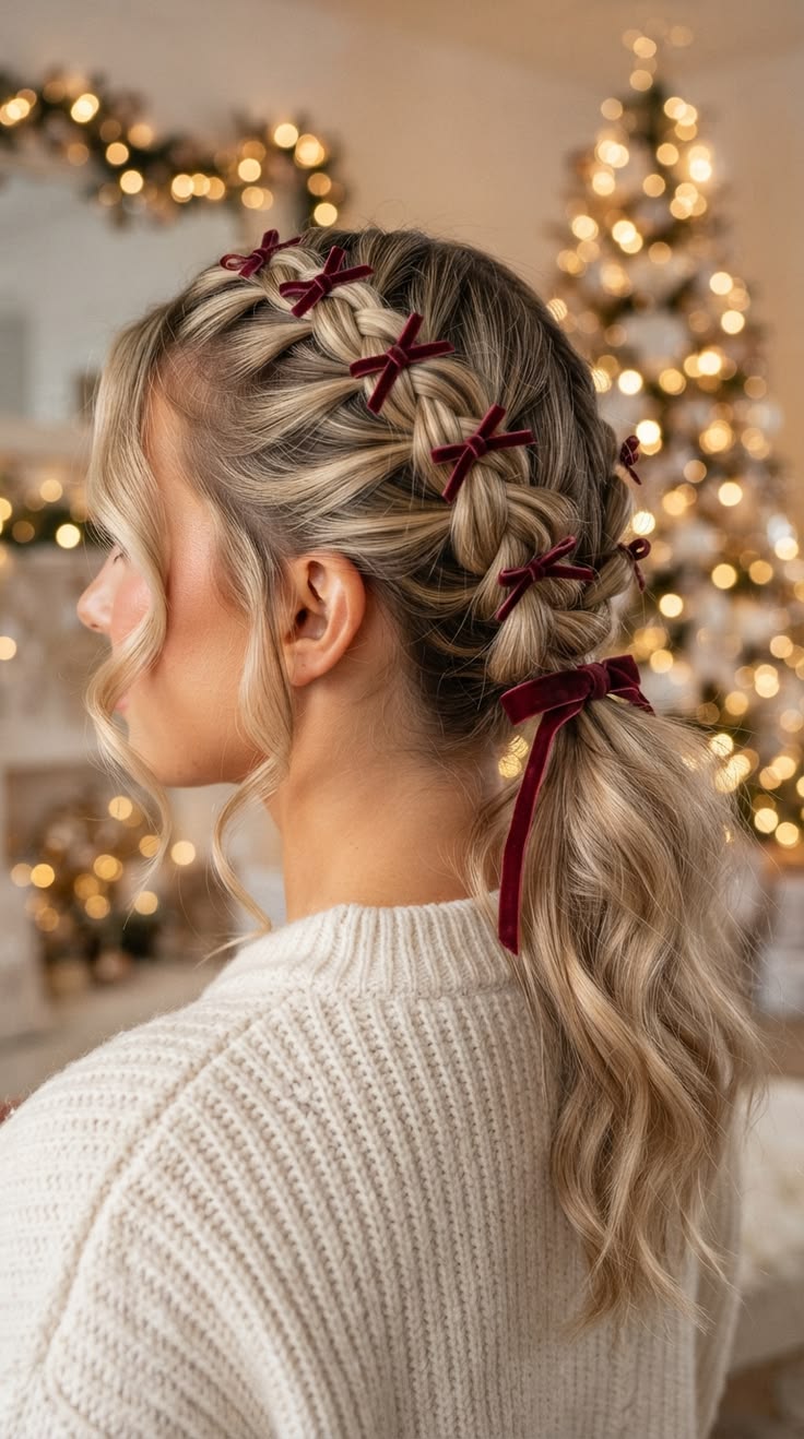 Christmas Hairstyles: 20 Easy Festive Updos and Waves - 7. Mini Bow Braided Ponytail 1