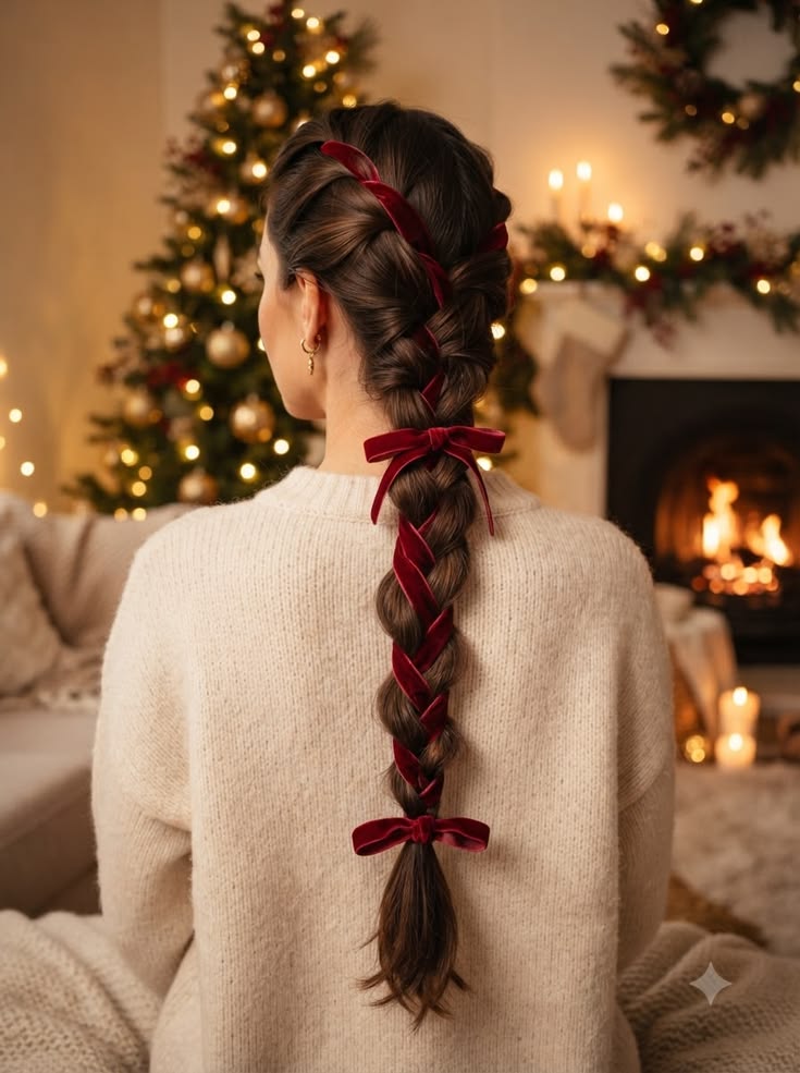 Christmas Hairstyles: 20 Easy Festive Updos and Waves - 8. Long Red Velvet Ribbon Braid 1