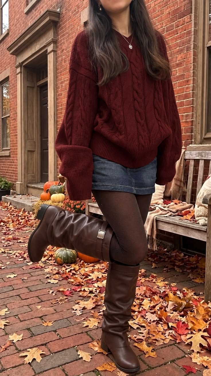 Christmas Market Outfits: 20 Warm, Photo-Ready Looks - 10. Burgundy Cable Knit and Brown Riding Boots 1