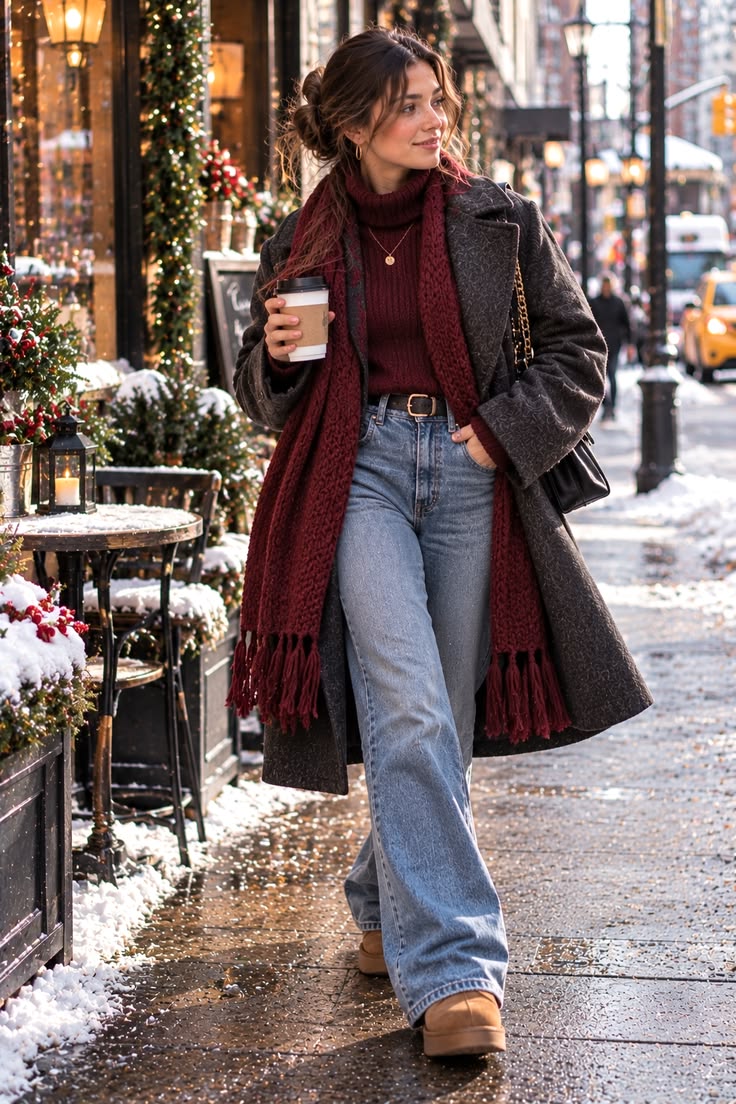 Christmas Market Outfits: 20 Warm, Photo-Ready Looks - 20. Charcoal Coat, Burgundy Turtleneck, and Classic Jeans 1